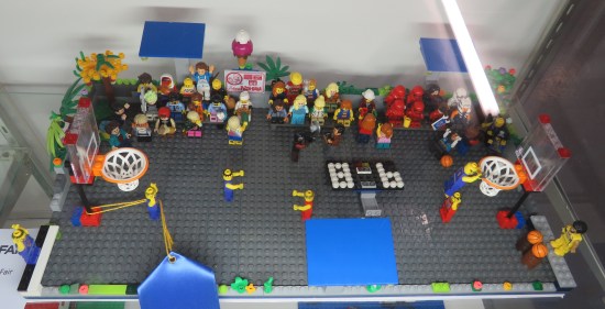 A Lego basketball game, though the scoreboard looks like it fell down.