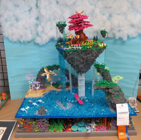 Lego Pandora, with floating Lego island, big Lego flying bird,and two-level ocean at the bottom.