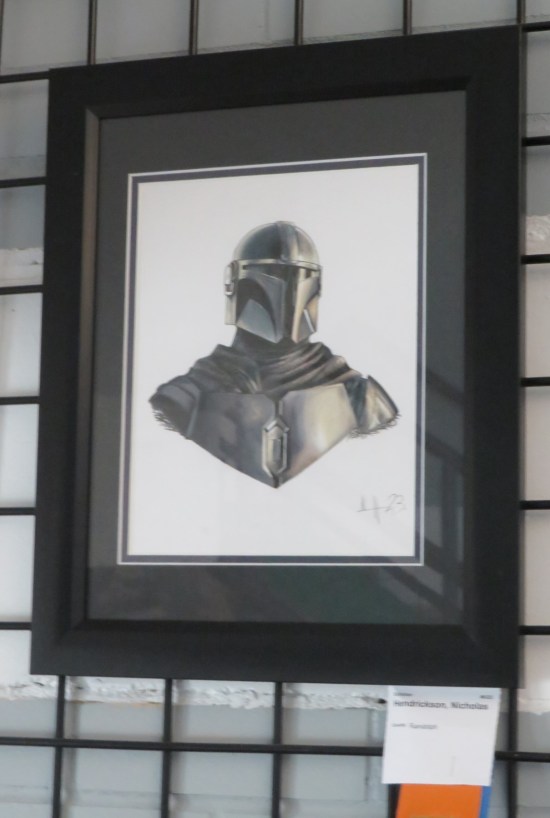 Drawing: the Mandalorian in black and white.