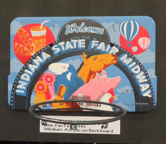 Custom-painted backboard of the State Fair Midway arch surrounded by farm animals, hot air balloons, and snacks.