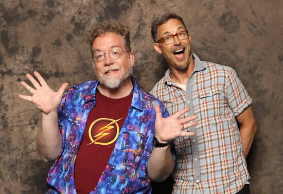 me doing miserable jazz hands with an effervescent but handless Tom Cavanaugh.