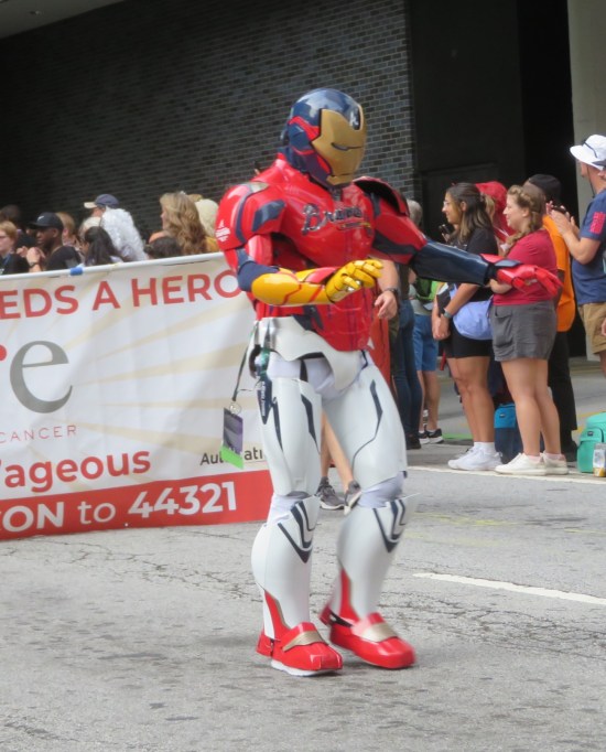 Iron Man armor, white and red with a "Braves" logo on the chest.