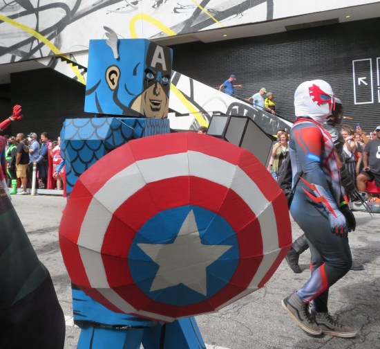 blocky Captain America and side-view Spider-Man 2099.