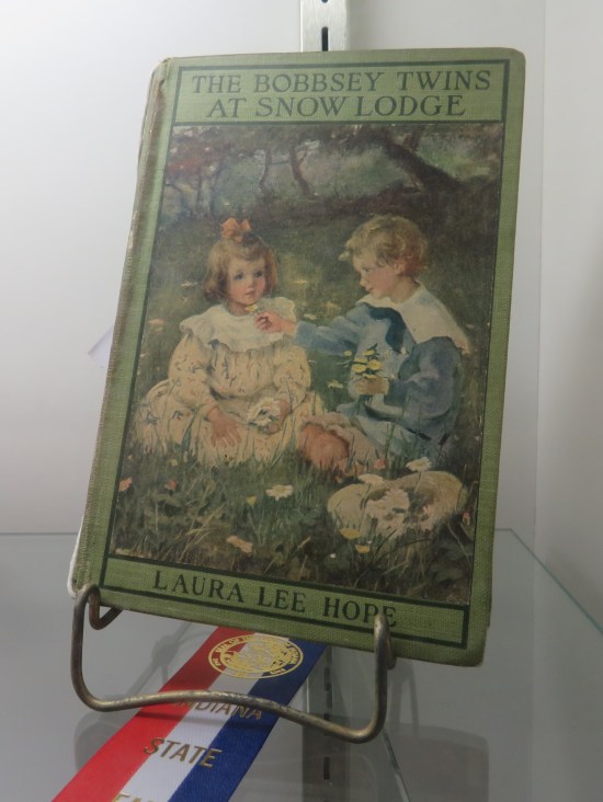 A copy of an ancient book" The Bobbsey Twins at Snow Lodge". Their quaint old children's outfits would get them stomped in schools today.