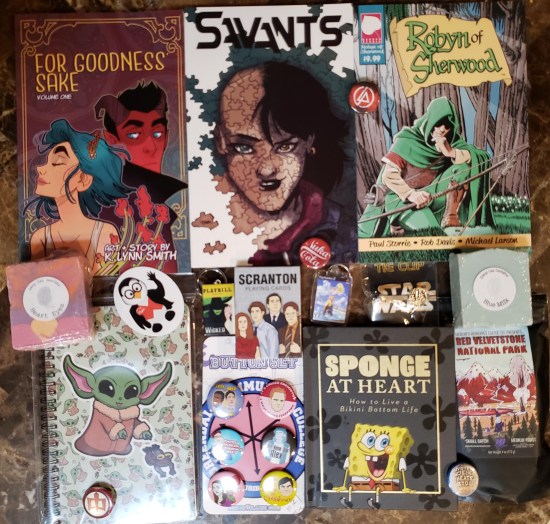CCE loot: books, buttons, keychains, etc.