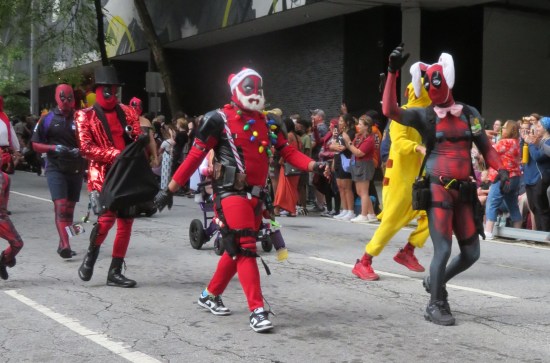 Deadpool with stage magician gear, Deadpool with Santa hat and bears, Deadpool with floppy bunny ears.