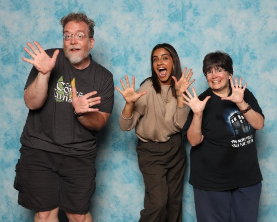 Us doing jazz hands with an energetic Mandip Gill.
