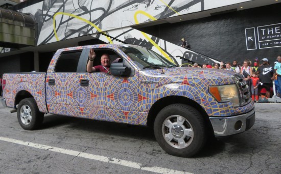 A pickup truck painted entirely in the infamously bizarre Marriott Marquis carpet pattern.
