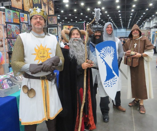 Five cosplayers doing "Monty Python and the Holy Grail" - refer to caption.