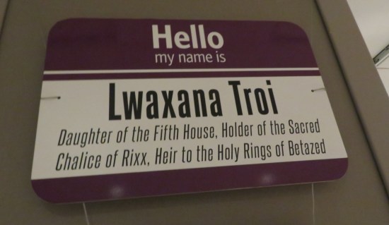 nametag reading "Hello, My Name is Lwaxana Troi, Daughter of the Fifth House, Holder of the Sacred Chalice of Rixx, Heir to the Holy Rings of Betazed".