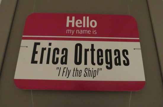 nametag reading "Hello, My Name Is Erica Ortegas, I fly the ship."