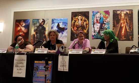 Four Schmigadoon panelists who know their theater stuff. One has green hair.