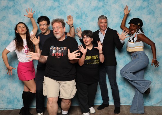 Us doing jazz hands with four actors from "Star Trek: Strange New Worlds". The two actresses have far more animated dance moves than the actors, but the guys did fine, really.