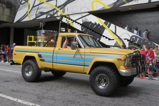 Recreated yellow truck and tornado-measuring meta canister instrument in the back.