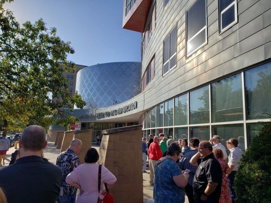 A long line to get into the Erich Kunzel Center for Arts and Education, which was not the name on our email confirmations.