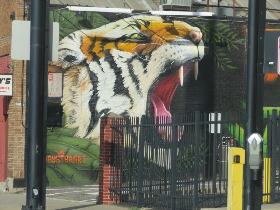 Angry tiger head painted on the outer wall of a bar. We drive by three times before Anne finally got the shot.