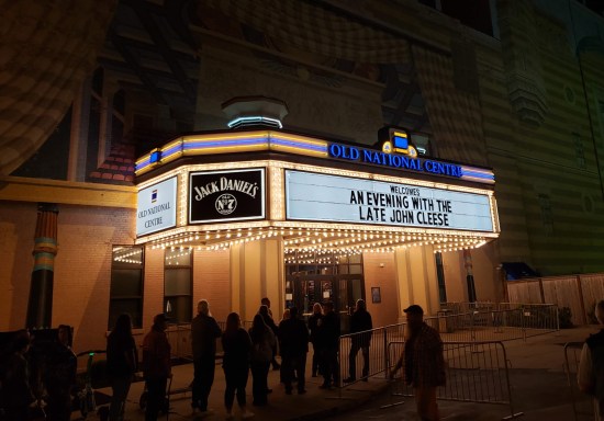 Neon-lit marquee at the Old National Centre welcoming 