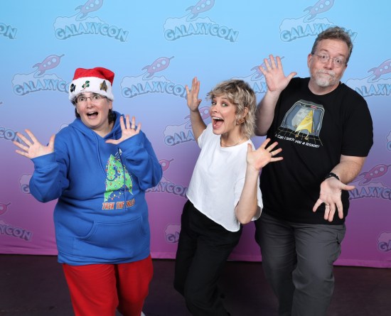 Us doing jazz hands with Evangeline Lilly, who is extremely animate and into it.