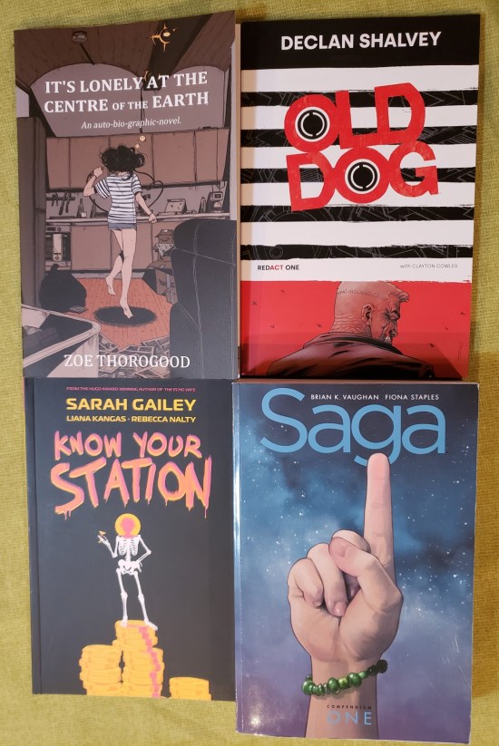 Three graphic novels autographed by their artists and a 1300-page collection of the first 54 issues of "Saga".