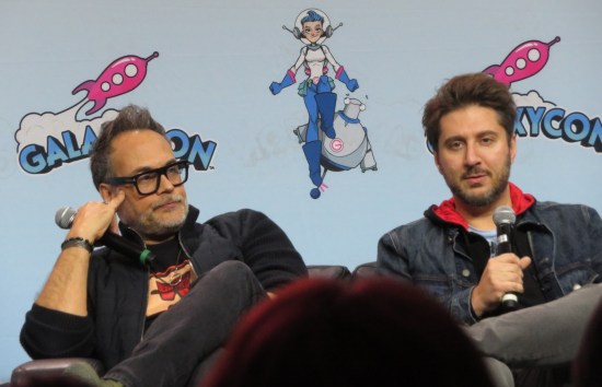 Todd Stashwick and Terry Matalas sharing a couch on stage.