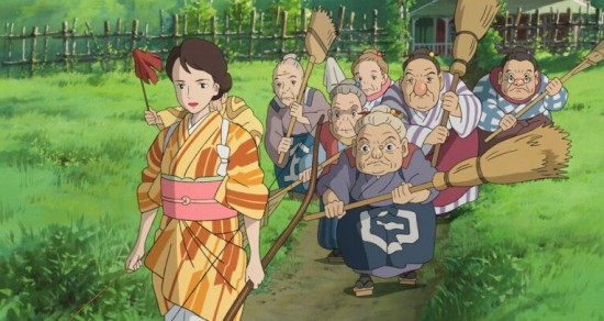 Anime characters march down a path through a grassy yard. One young woman wearing a kimono and carrying a bow leads six shorter, elderly women all carrying brooms and itching to swat someone.