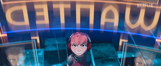 Nimona wearing headphones and looks into a holographic display containing a WANTED bulletin for Riz Ahmed's knight.