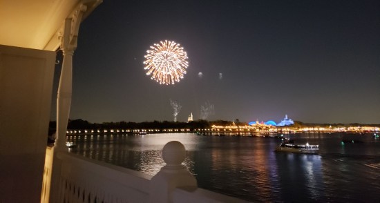 Distant fireworks over water. Single white globe. Lagoon shore around the Magic Kingdom is all lit up. 