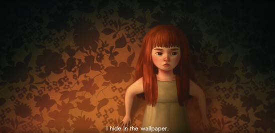 A redhead French girl leans against red-and-orange wallpaper, shadows creeping around the corners of the frame. Subtitles read, "I hide in the wallpaper."