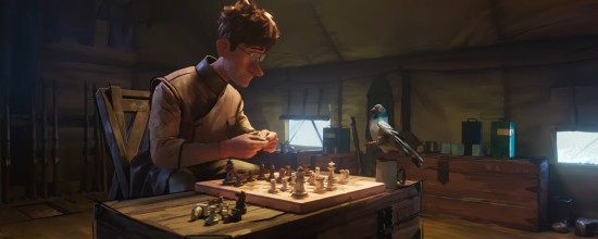 A World War I soldier sits at a chess board and prepares a tiny scroll for a carrier pigeon, who stands on the other side of the table and waits.