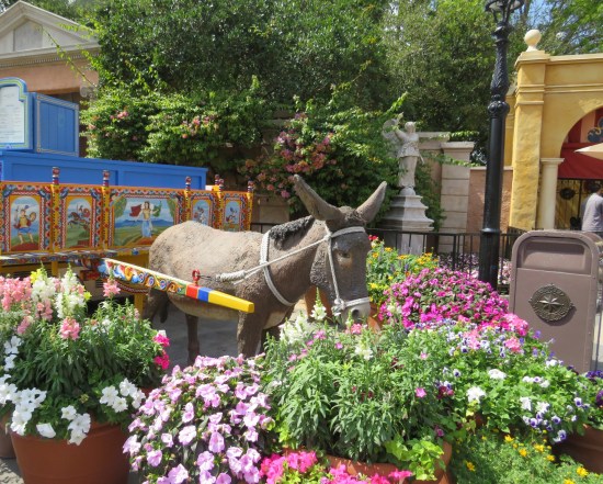donkey sculpture and lots of flowers in boxes.