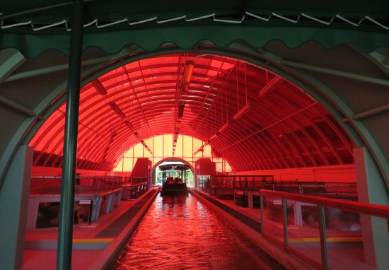 A canal through a red tunnel with lab specimens growing on either bank.