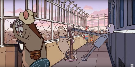 A cartoon dog and a robot on a skyscraper's observation deck playing around on coin-op binoculars. Other cartoon animal tourists are scattered around the deck, including a yak.