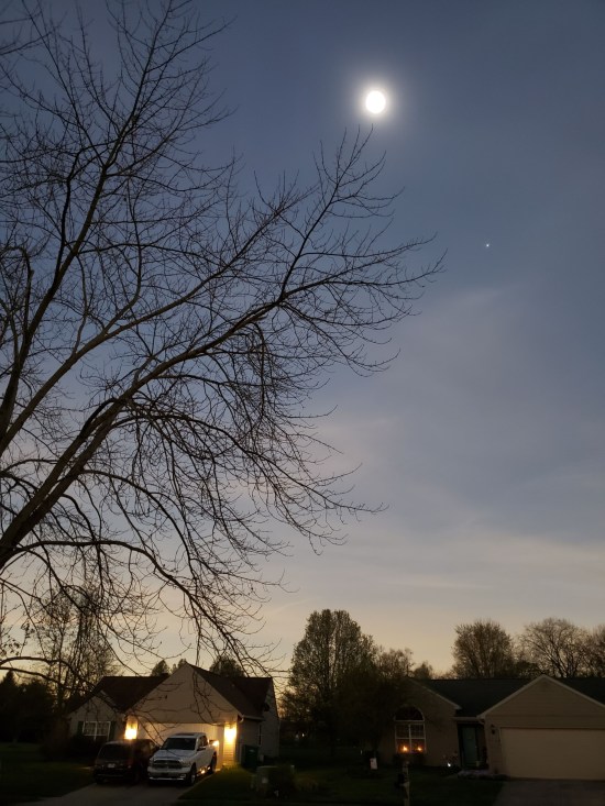 Bluish gray skies. Eclipse just looks like very bright sun. Houses below have their outdoor lights on.