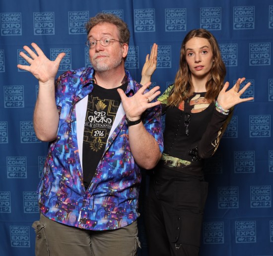 Me doing jazz hands with Maya Hawke. We have serious expressions like the artists we are.
