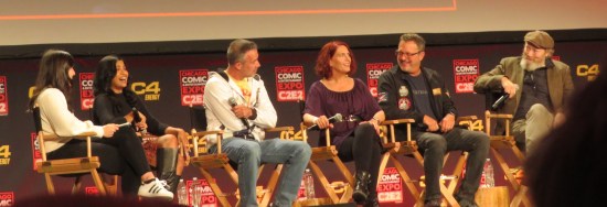 A moderator whose name I didn't catch sits onstage before five seated actors. Individual pics follow.