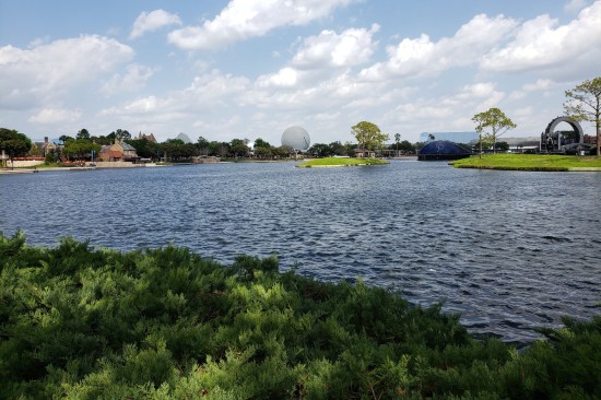 A lake in the middle of EPCOT. Spaceship Earth is visible on the far shore.