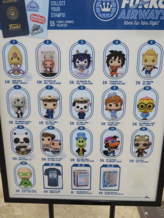 Poster at the Funko booth with labeled pics of the 16 C2E2-exclusive Funko Pops.