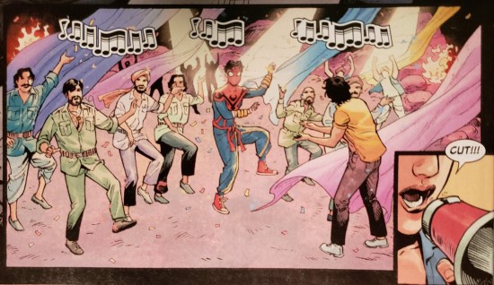 Spider-Man India dances with a crowd Bollywood-style before a director yells, "CUT!"