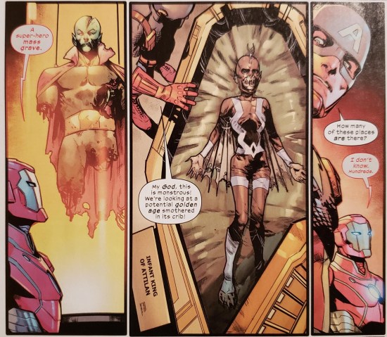 Captain America and Iron Man view corpses of dead heroes on morbid display, including Black Bolt and the 1940s Timely hero called the Vision.