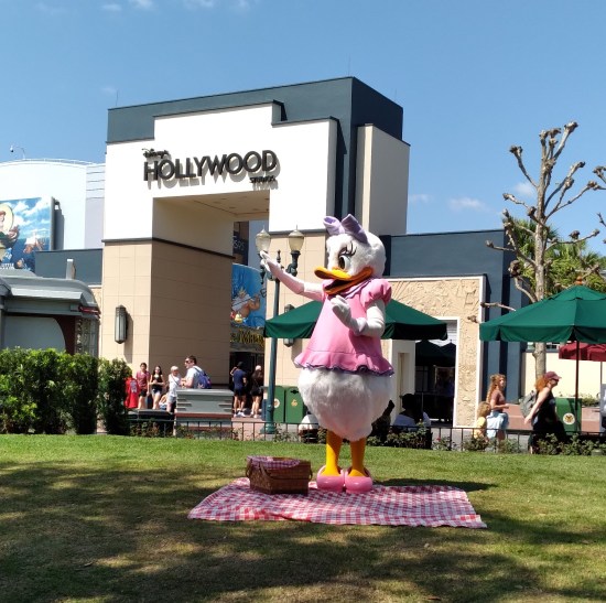 Disney World cast member in Daisy Duck costume standing on a picnic blanket in the grass, pointing way off to our left. Behind her is a large square arch with a Disney's Hollywood Studios sign.