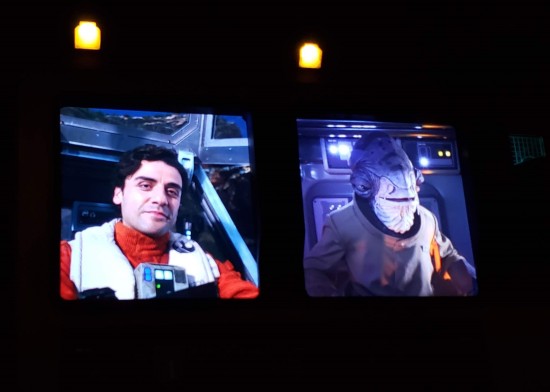 Dual monitors with recorded bits by Oscar Isaac in character and a Mon Calamari puppeteer.