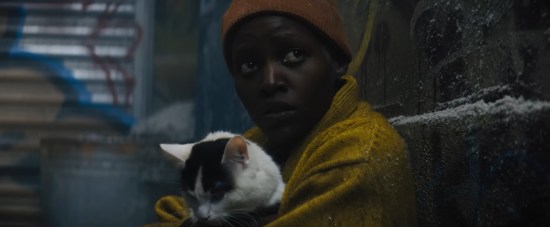 Lupita Nyong'o hunched fearfully in an alley, hugging a black-and-white cat.