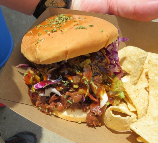 Vegan sandwich cleverly disguised as pulled pork BBQ. Side order of vegan chips is mostly off-camera.