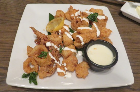 Lots of fried foods on a big square white plate.