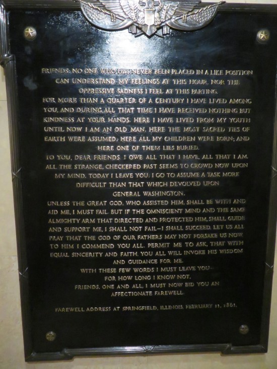 Black plaque containing the entire speech Lincoln gave before leaving 