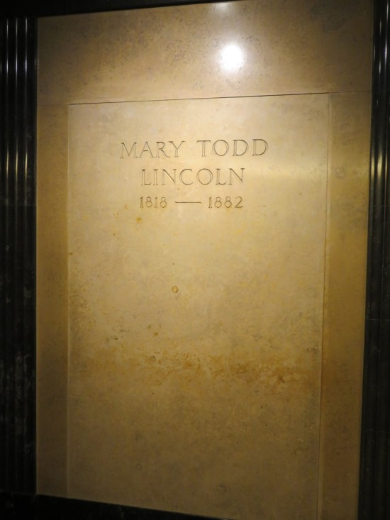 Off-white marble crypt labeled Mary Todd Lincoln 1818 - 1882".