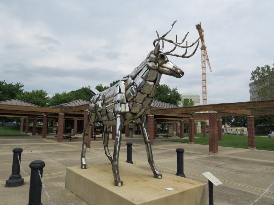 Der sculpture made entirely of bumpers, standing outside the visitors center.