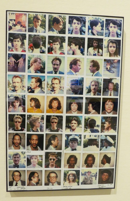 54 tiny closeup pics of actors at various levels in "Ferris Bueller's Day Off", framed and hung together.