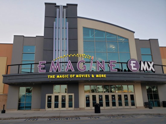 Emagine art-deco theater exterior. Motto under logo: "The magic of movies & more."