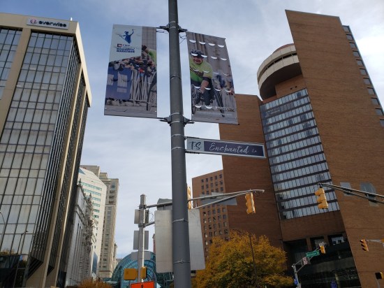 Enchanted Lane sign, in front of Hyatt hotel.
